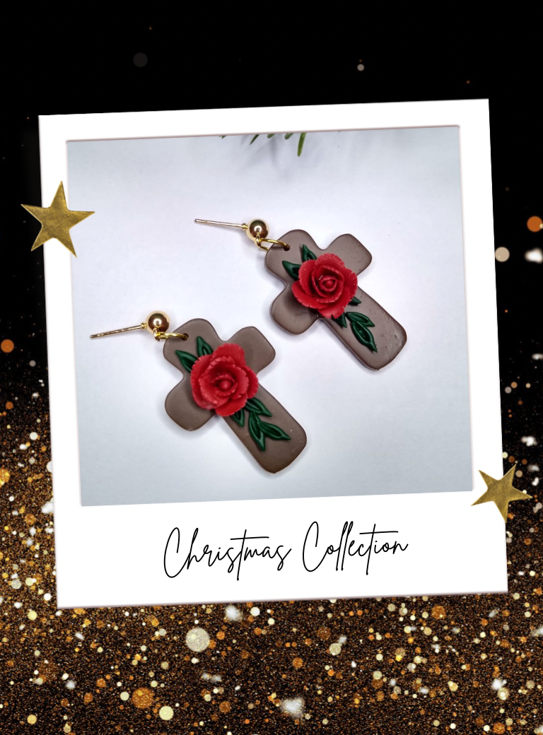 Big cross with Red Rose earrings - ADSO Creations